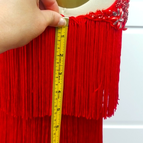 ❤💃 Aidan Mattox Red Fringe Embellished High Neck Dress💃 - Picture 6 of 11
